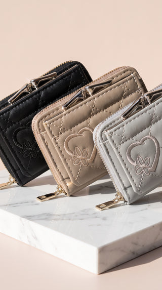 Embroidered Heart Bifold Zip Coin Wallet