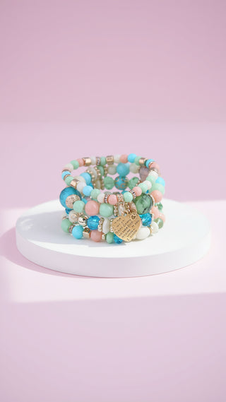 Heart Charm Ceramic Beaded Bracelet Set