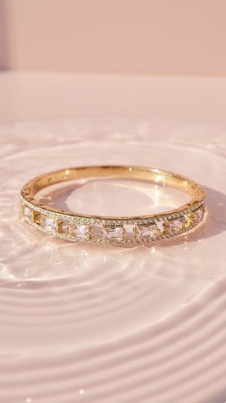 Square Cut Crystal Inlaid Stainless Steel Gold Plated Hinged Bangle
