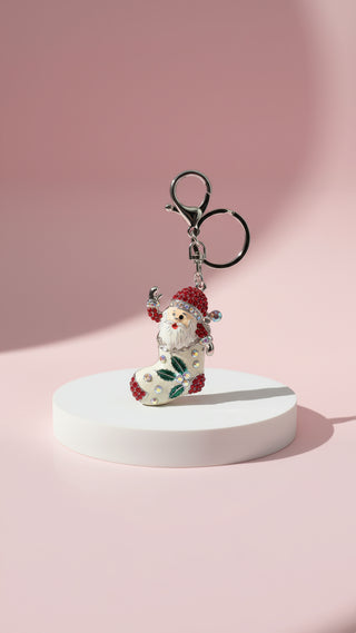 Santa In Stocking Crystal Key Ring & Bag Charm