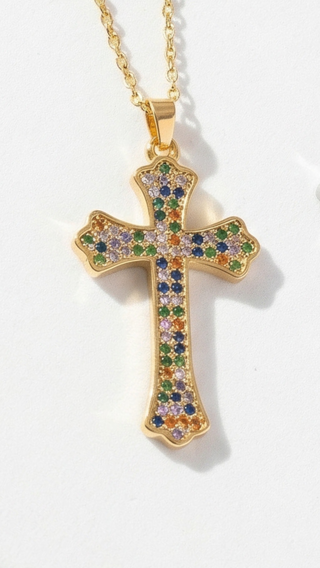 Rainbow Gothic Crystal Cross Stainless Steel Necklace