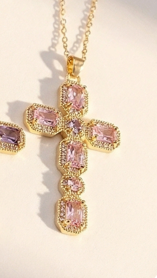 Oblong Crystal Cross Symbolic Pendant Necklace