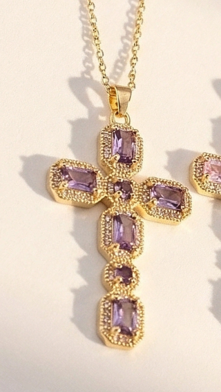 Oblong Crystal Cross Symbolic Pendant Necklace