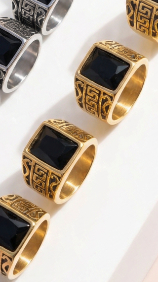 Stainless Steel Men's Square Black Stone Signet Ring