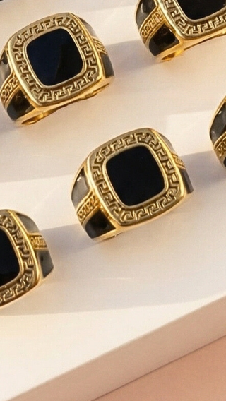 Stainless Steel Men's Greek Key Black Stone Signet Ring