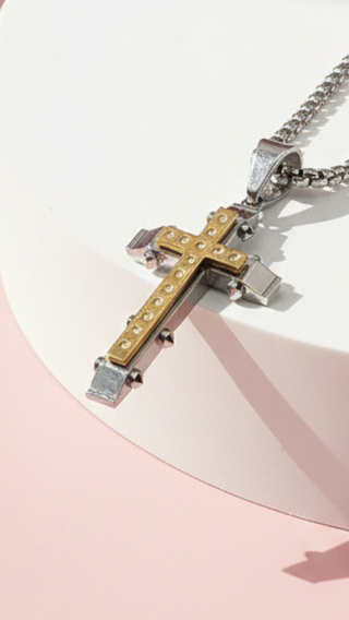 Layered Two Tone Stainless Steel Cross Necklace