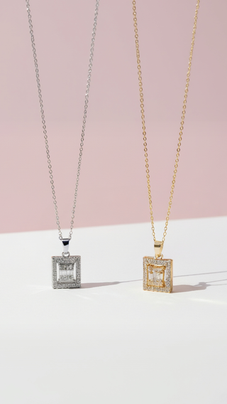 Layered Square Crystal Pendant Necklace