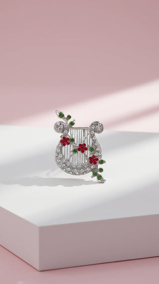 Crystal Harp & Roses Festive Brooch
