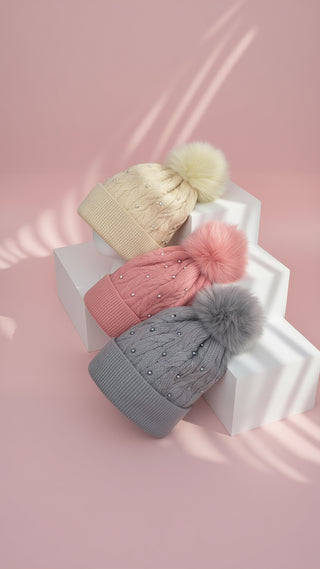 Pearl Fluffy Bobble Hats Pack of 12