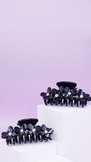 Black Flower Crystal Hair Clamps Pack of 12