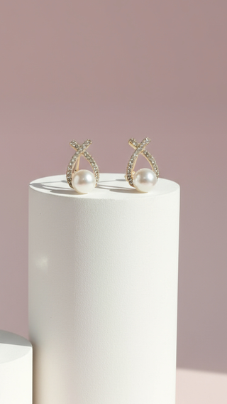 Pearl Crystal Wishbone Cross Stud Earrings