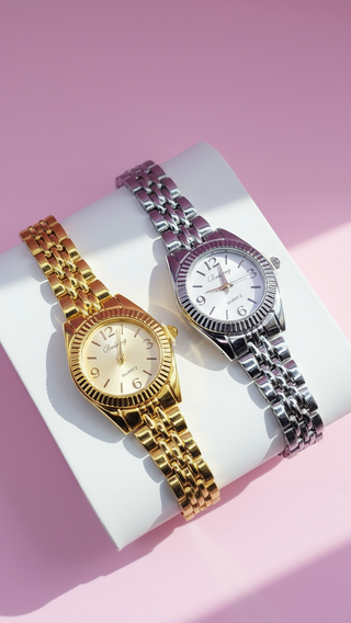 Metallic Round Face Quartz Movement Watch