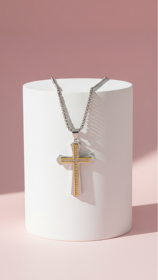 Two Tone Stainless Steel Crystal Cross Necklace