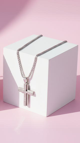 Layered Crystal Silver Cross Necklace