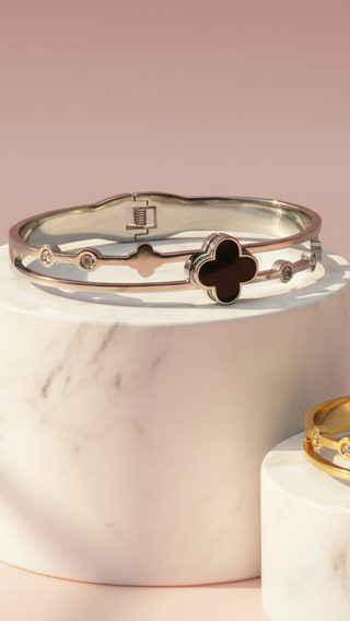 Stainless Steel Black Clover & Crystal Stacking Bangle