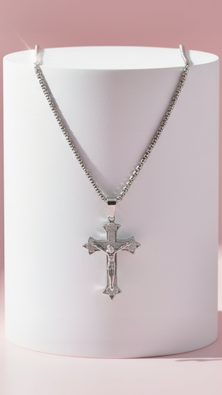 Stainless Steel Silver Textured Cross Necklace