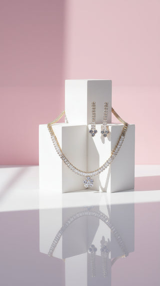 Flower Baguette Cut Crystal Necklace & Earrings Set