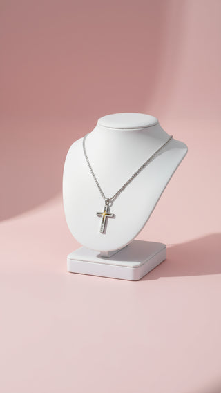 Two Tone Layered Crystal Cross Necklace