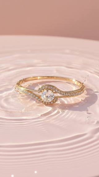 Round Solitaire Pave Crystal Inlaid Stainless Steel Gold Plated Hinged Bangle