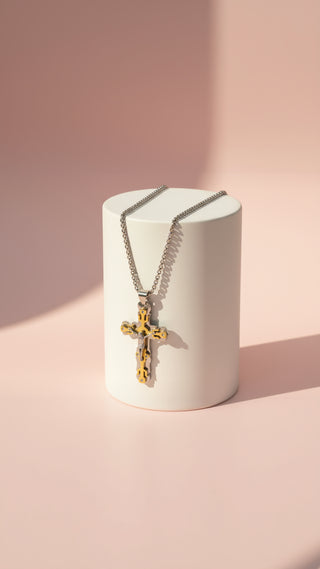 Two Tone Layered Crystal Cross Necklace