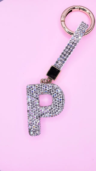 Initial Letter Silver Crystal Glam Key Ring